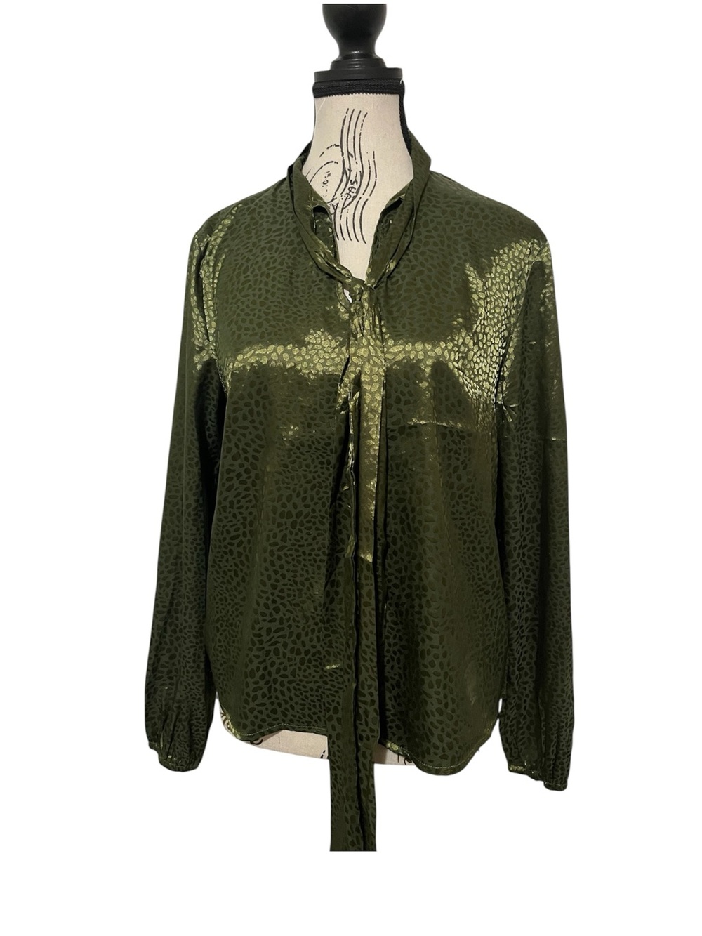 Olive Green Leopard Print Blouse Long Sleeve Tie Neck Bow Top Small
